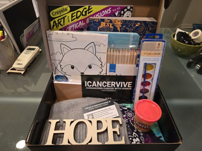 Contents of ICANCERVIVE healing kits including art supplies, comfort items, journaling materials, and tactile therapy components for pediatric, young adult, and adult cancer patients